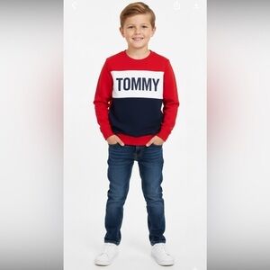 Tommy Hilfiger Logo Navy White & Red Cotton Blend Crewneck Sweatshirt